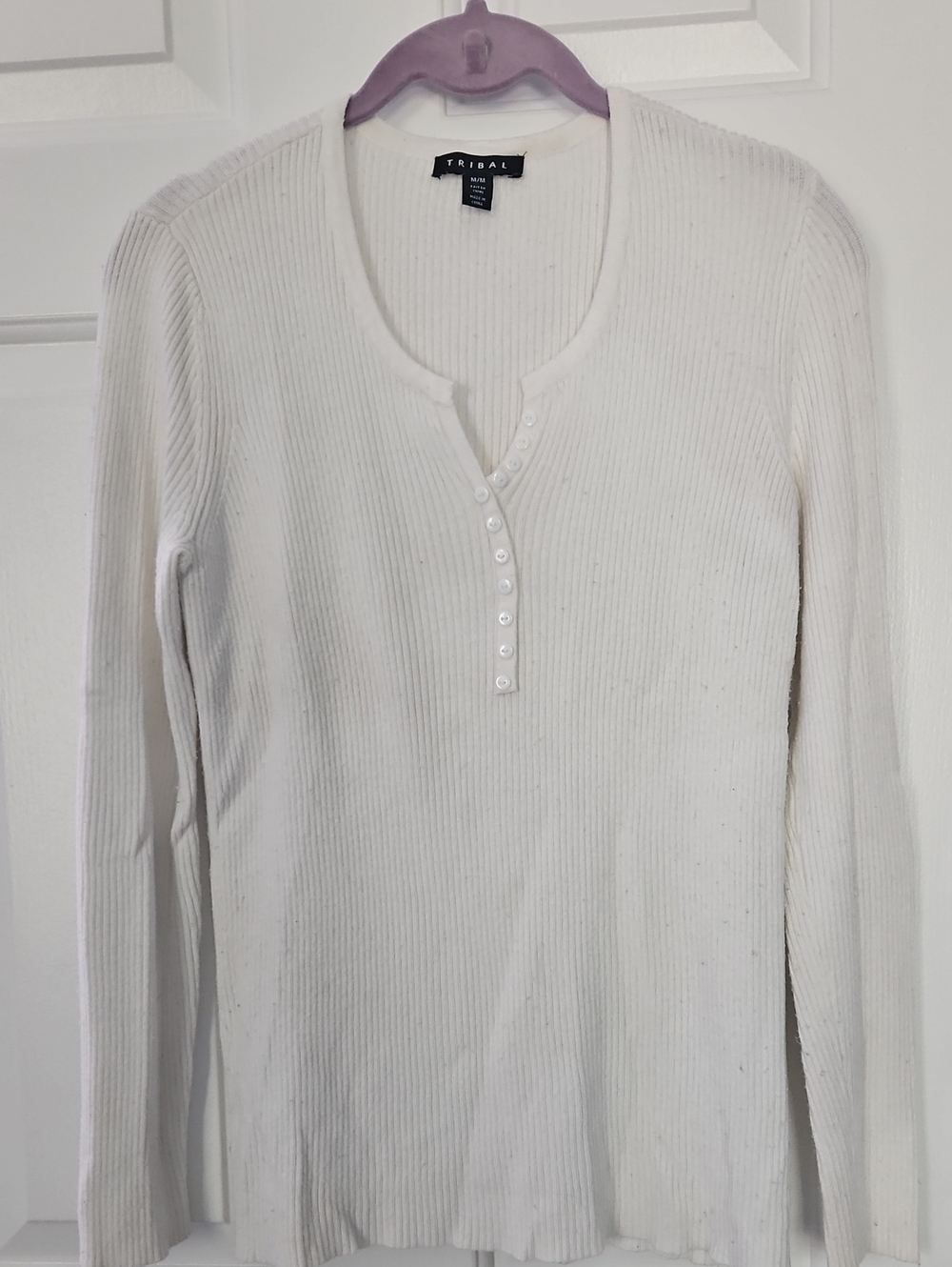 Tribal White Ribbed Henley Long Sleeve Top - Scoop Neck